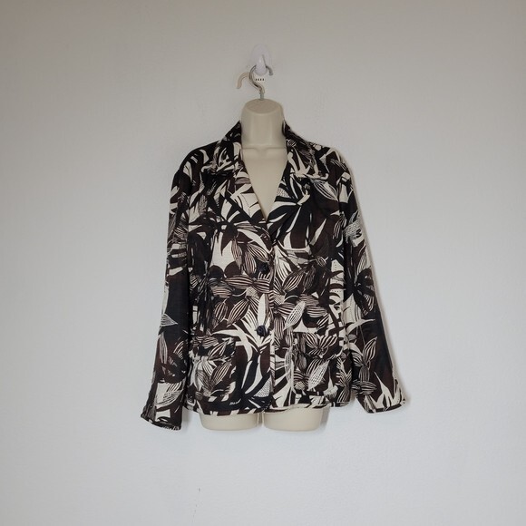 Chicos 3 Womens 100% Silk Blazer Jacket Brown Palm Leaves XL - Picture 1 of 8